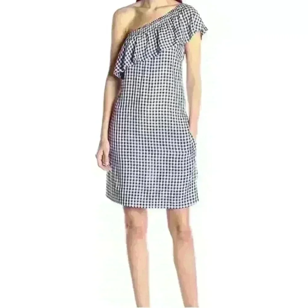 Velvet by Graham and Spencer Blue Gingham Plaid Ruffle One Shoulder - Picture 9 of 9